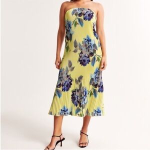 Abercrombie & Fitch Strapless Yellow Floral Pleated Midi Dress with Blue Blooms